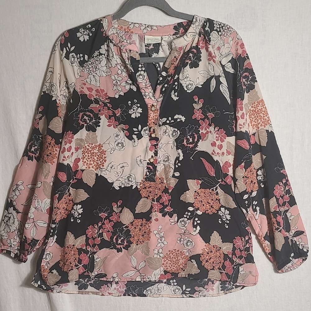 Spartina 449 Pink Black Floral Split-Neck Blouse